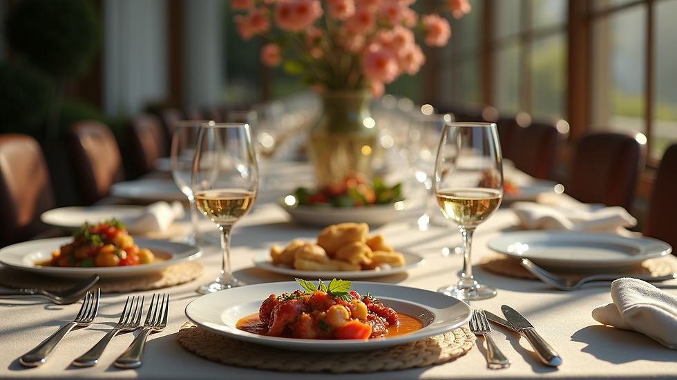 High angle view of a beautifully set dining table with wine glasses and delicious dishes