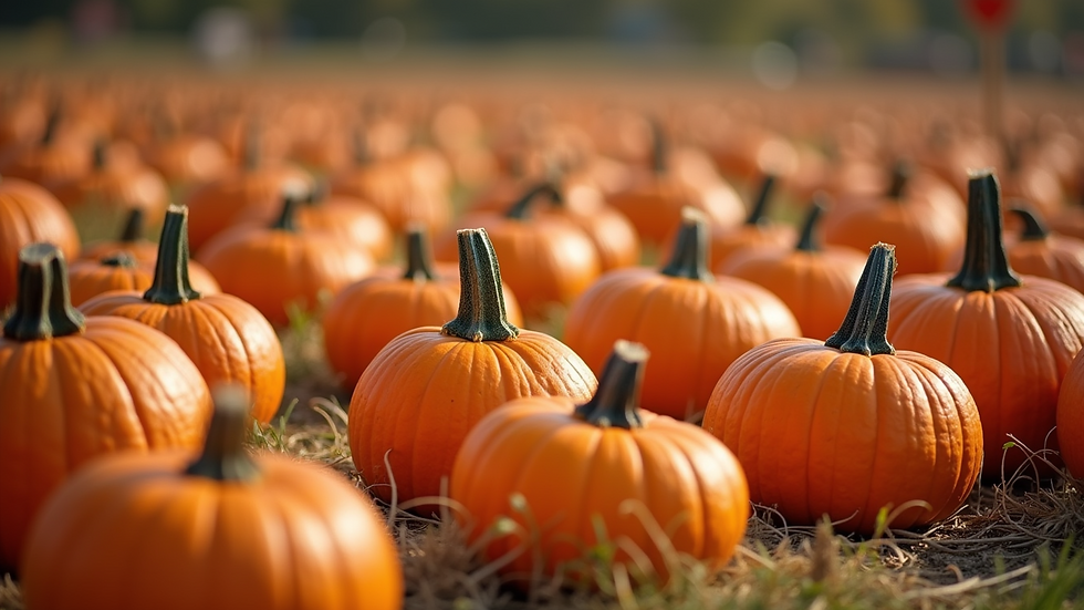 Wide angle view of a pumpkin patch filled with various pumpkins