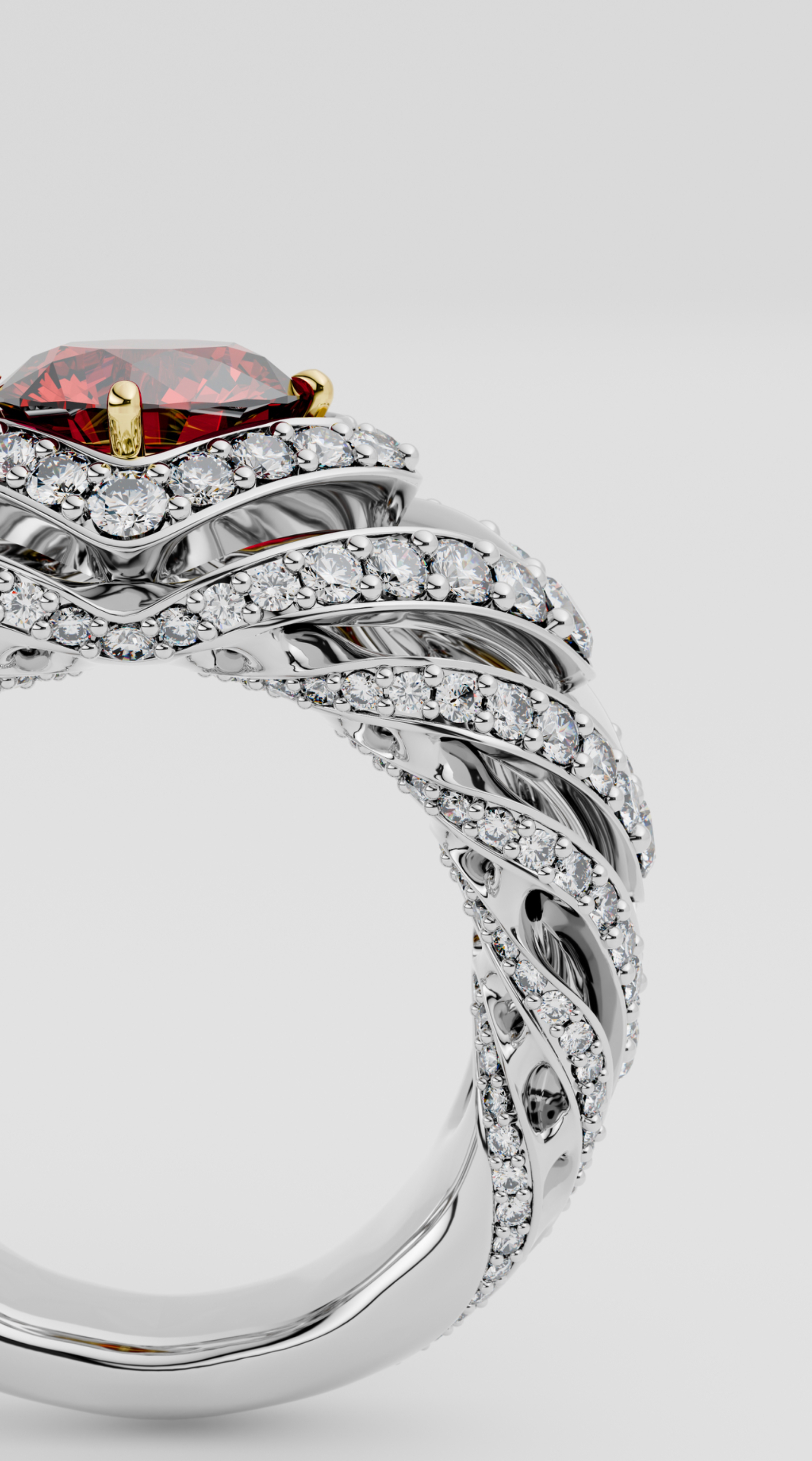 Sculptural pavé ring with red gemstone
