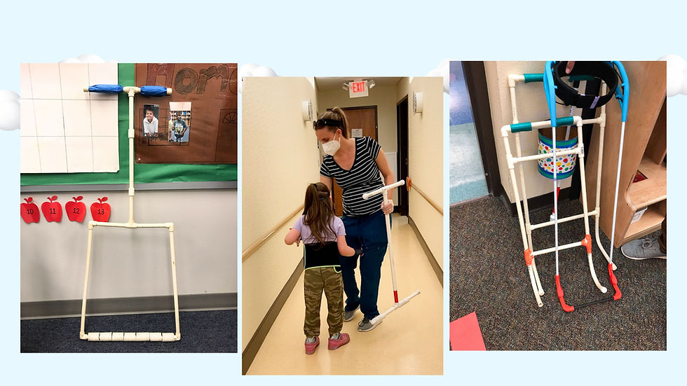 Collage of homemade PVC mobility aids in school hallways/classroom, with a teacher helping a child walk using right hand and teacher is holding the capital I-shaped AMD off the ground using her left hand