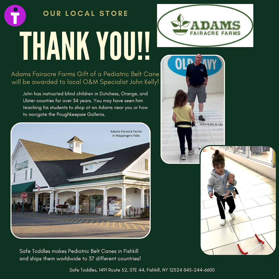 our local store Thank you!! Adams Fairacre Farms gift of a pediatric belt cane will be awarded to local O&M specalist John Kelly! John has taught blind children in Dutchess, Orange and Ulster counties for over 34 years. You may have seen him teaching his students to shop at Adams or how to get around the Poughkeepsie GAlleria. He has three new students who need Belt Canes this year!!