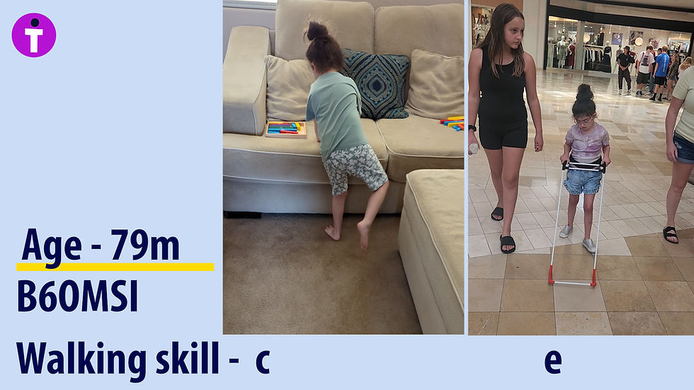Age - 79m B60MSI Walking Skill - under the picture of the 6-year-old girl walking in her home letter "c" and under the picture of the same girl walking independently wearing a belt cane the letter "e".