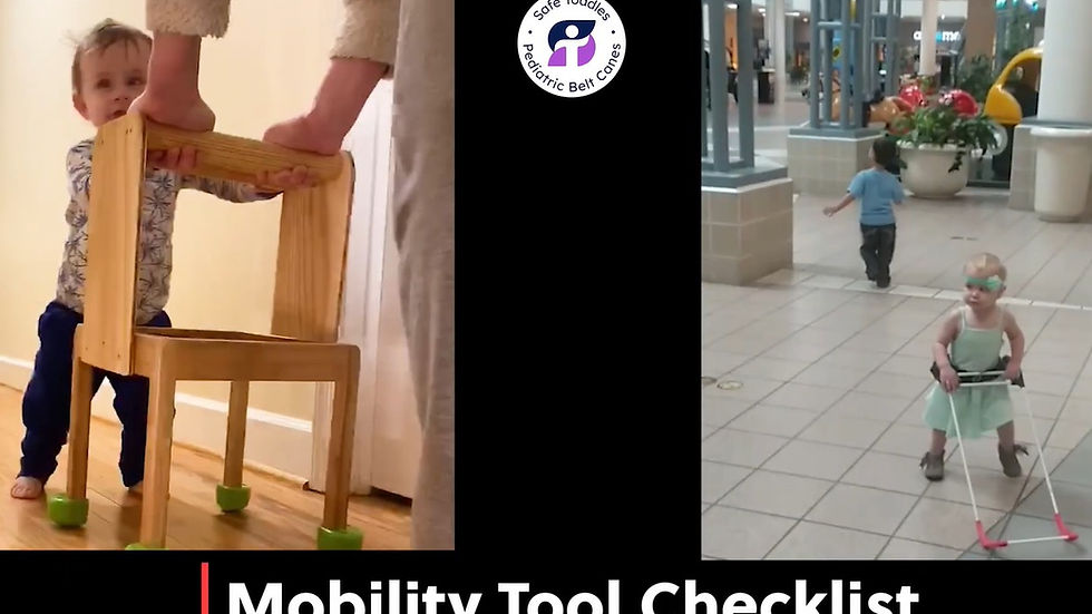 Child with rolling chair indoors; toddler wearing a Belt Cane in a mall. Text: Mobility Tool Checklist. Mood: Determined, active.