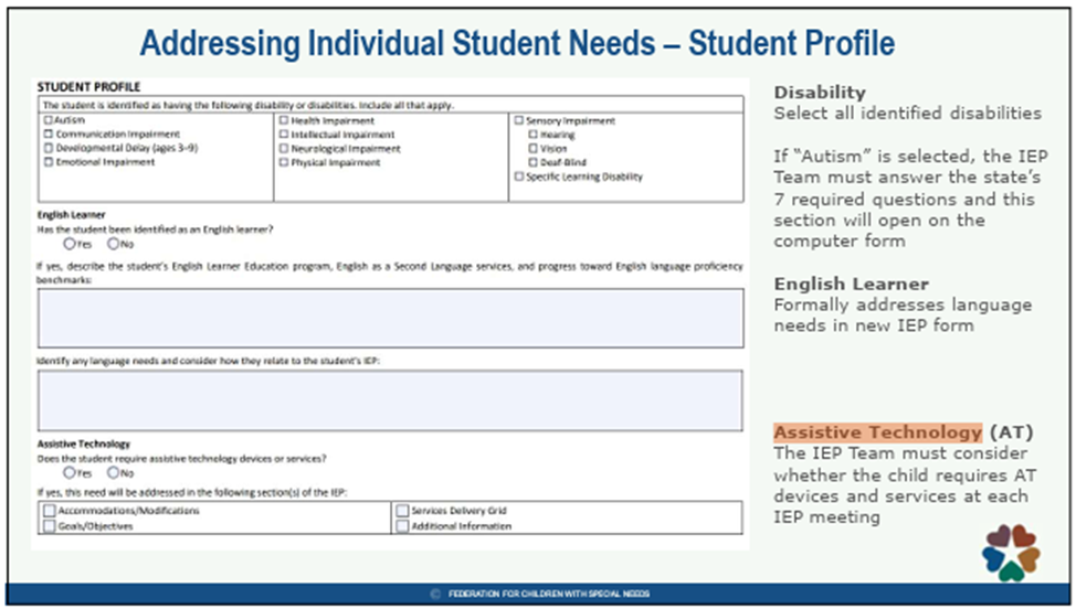 screenshot of sample IEP highlighted is Assistive Technology (AT) The IEP team must consider whether the child requires AT devices and services at every IEP meeting.