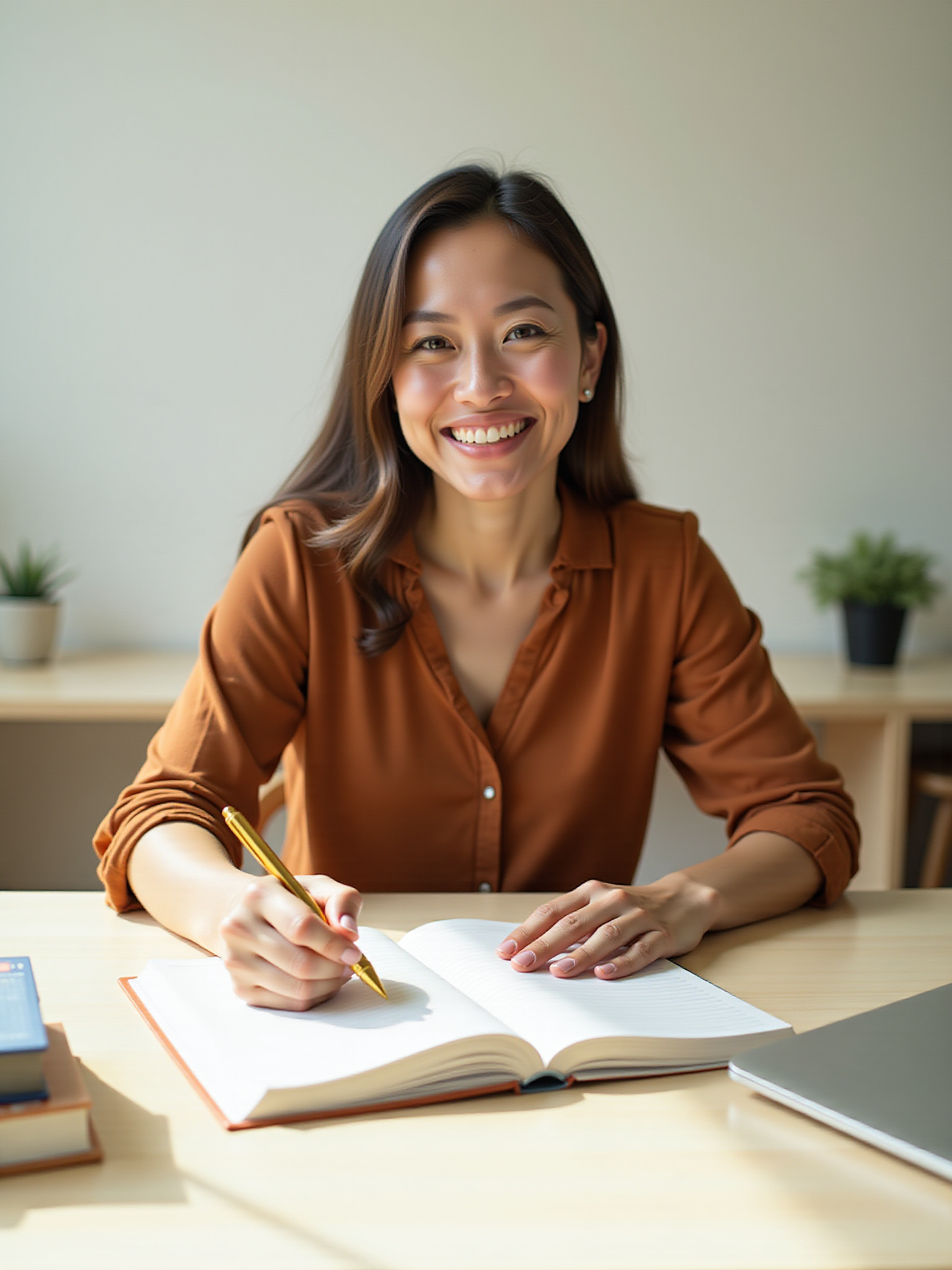 Woman studying IELTS preparation course to improve Listening, Speaking, Reading and Writing skills.