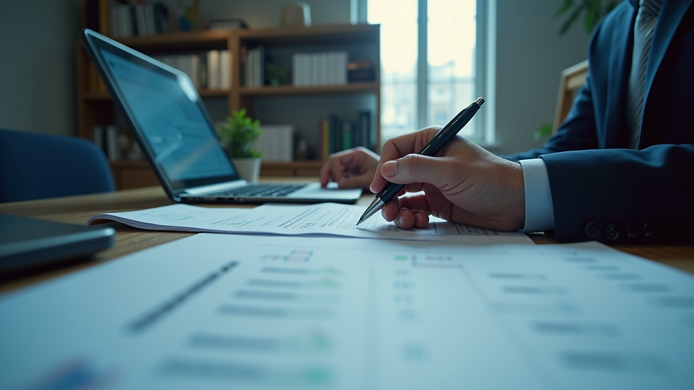 Eye-level view of a cybersecurity professional reviewing compliance documents