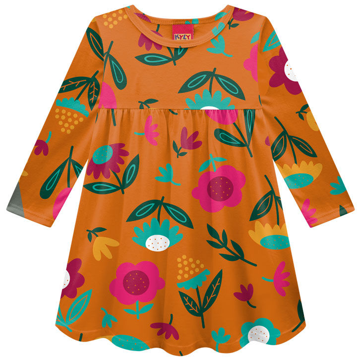 Vestido floral laranja com verde rosa