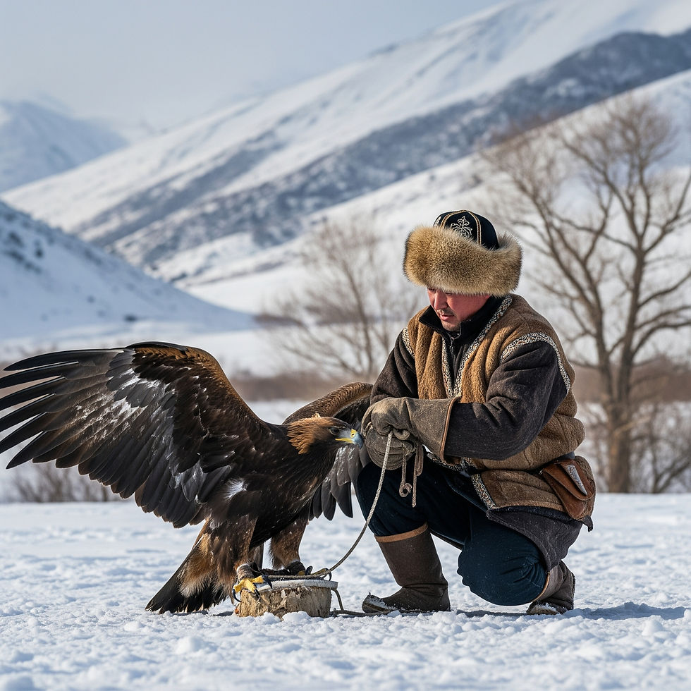 Kazakh traditions: Hunter trains golden eagle in winter