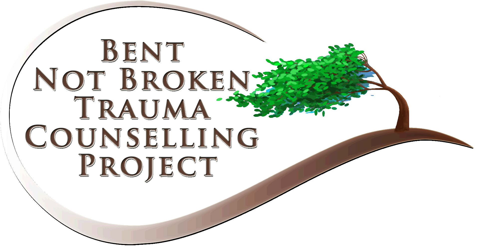 BNB Project Logo A C-shaped gold to dark brown gradient coloured curve around the words Bent Not Broken Trauma Counselling Project. To the right hand side, the tail of the curve flares out and there is a tree there which is bent and blown by the wind.