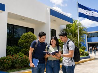 Estudiantes de la Universidad Metropolitana de Honduras frente a instalaciones universitarias en Honduras.