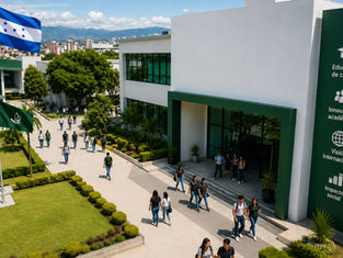 Campus de la Universidad Metropolitana de Honduras con estudiantes en espacios académicos y áreas verdes.