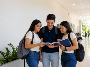 Estudiantes de la Universidad Metropolitana de Honduras revisan material académico dentro de las instalaciones de la UMH en Honduras.