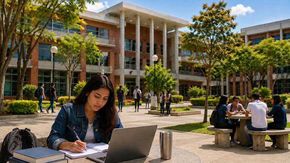 Joven estudia frente a un computador mientras evalúa opciones de educación universitaria.