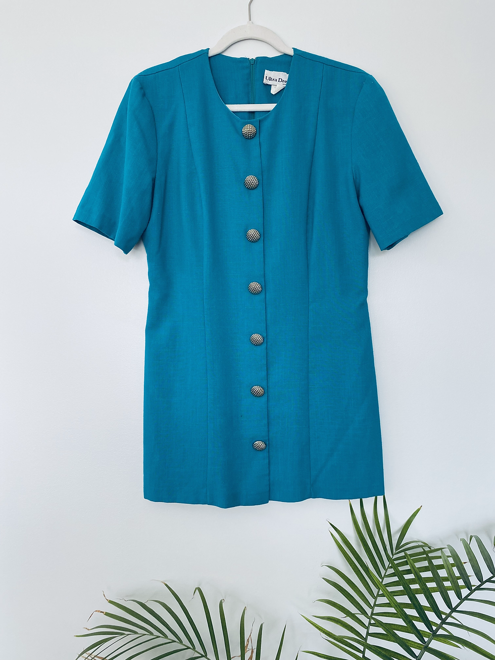 Vintage Reworked Teal Mini Dress: faux button down