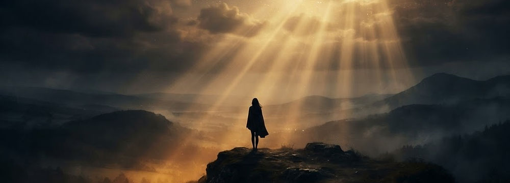 Person silhouetted on a mountain peak under The Spark.