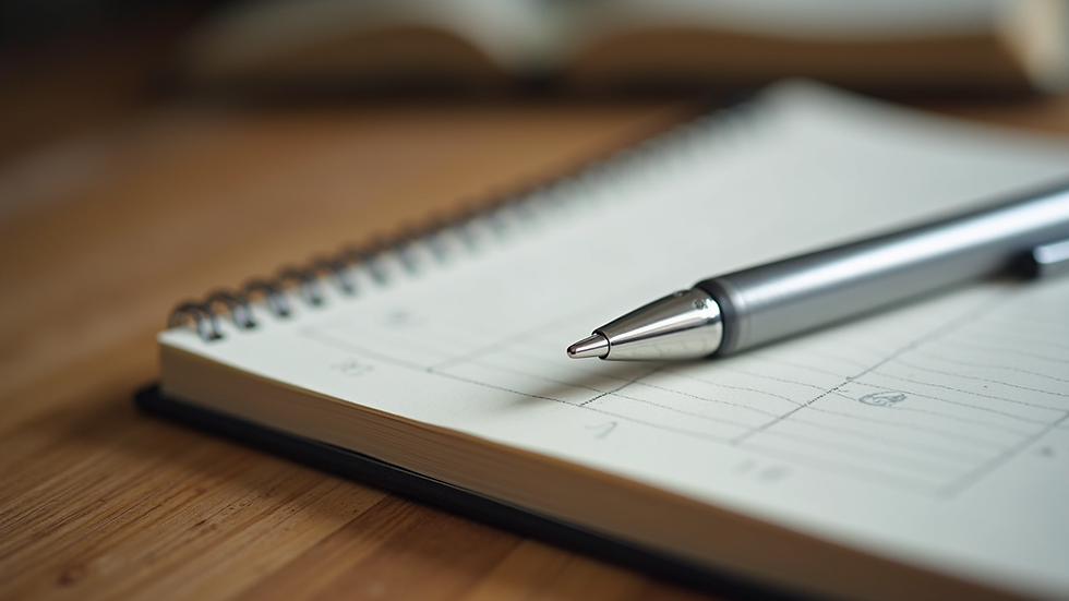 Close-up view of a journal and pen on a wooden table, symbolizing reflection and self-awareness