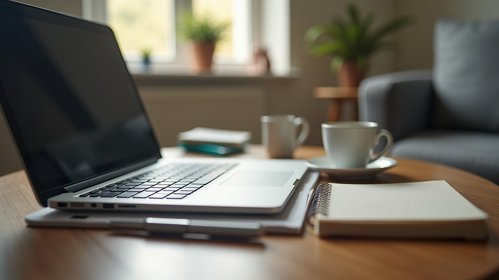 Eye-level view of a laptop on a wooden table with a notebook and coffee cup