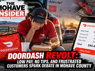 The Mohave Insider article graphic featuring a frustrated DoorDash delivery driver sitting in a vehicle, highlighting concerns over low delivery pay, declining tips, rising customer fees, and growing tensions between drivers and customers throughout Mohave County, Arizona.