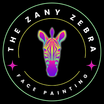 The Zany Zebra Logo; a circle around a colorful zebra