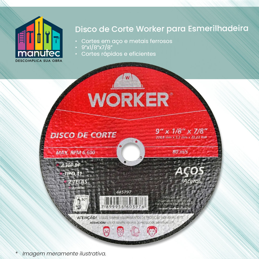 Disco de Corte Worker para Esmerilhadeira 9"x1/8"x7/8"