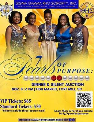 7 Pearls of Purpose Dinner & Auction flyer featuring event date, location, and Sigma Gamma Rho Sorority, Inc. Theta Eta Sigma