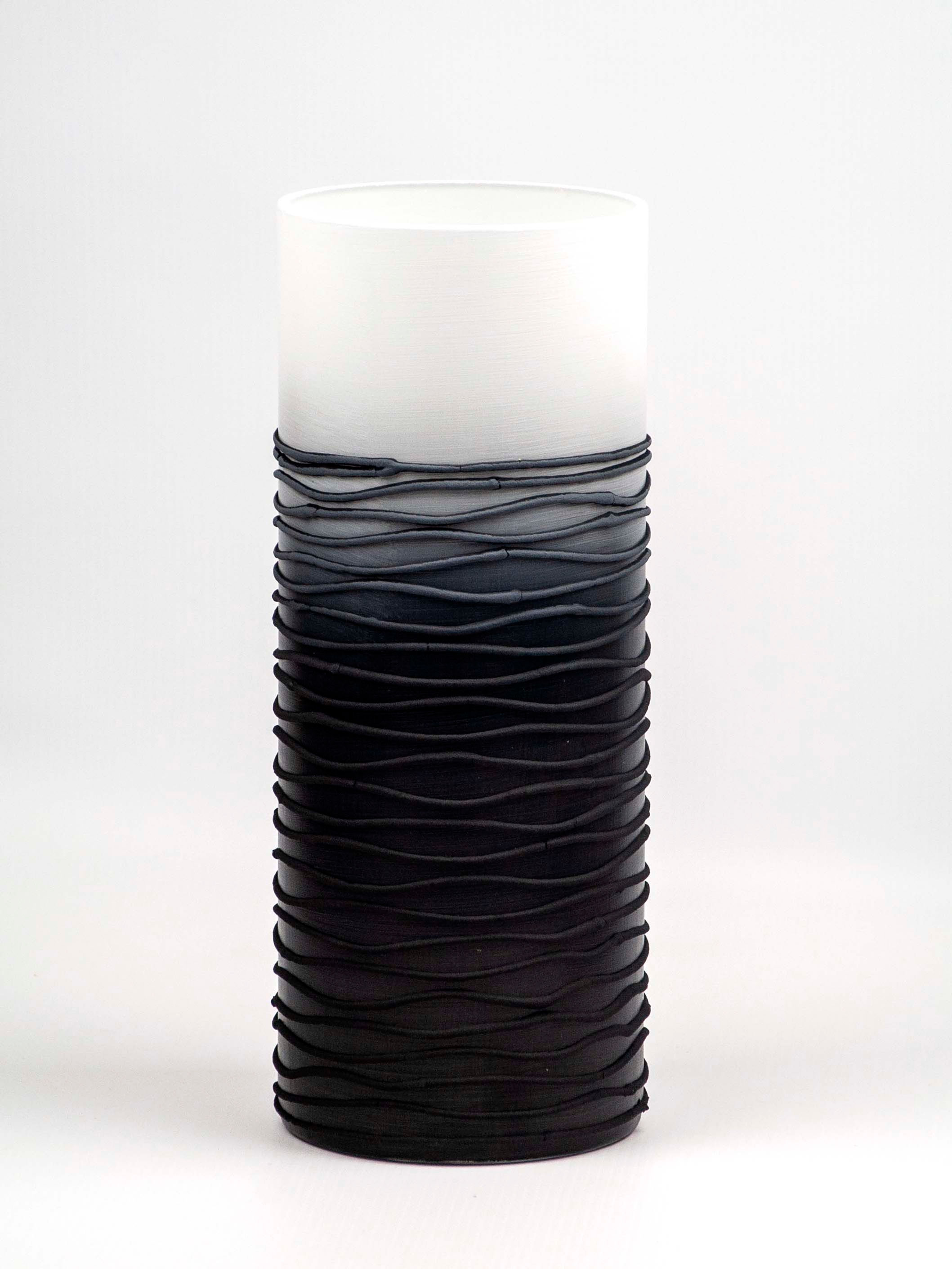 Handmade Boho World Glass Vase White Top & Black Wrap Base Cylinder