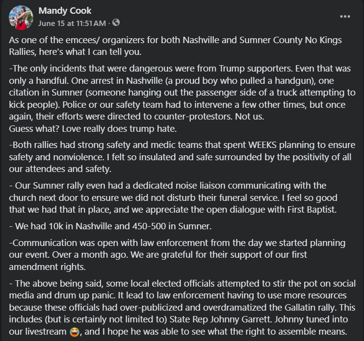 Facebook post from organizer Mandy Cook