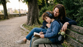 mother and son on bench