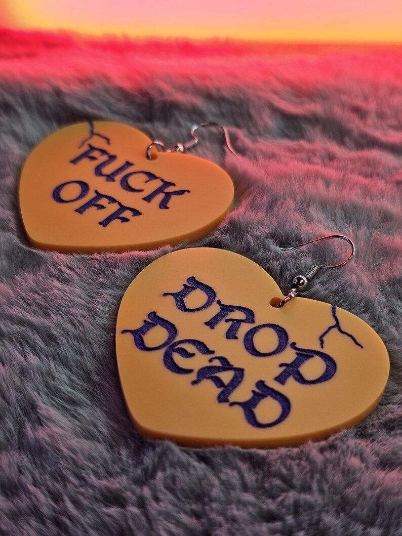 Thumbnail: "F**k Off and Drop Dead" Randy Hearts Valentines Heart Earrings