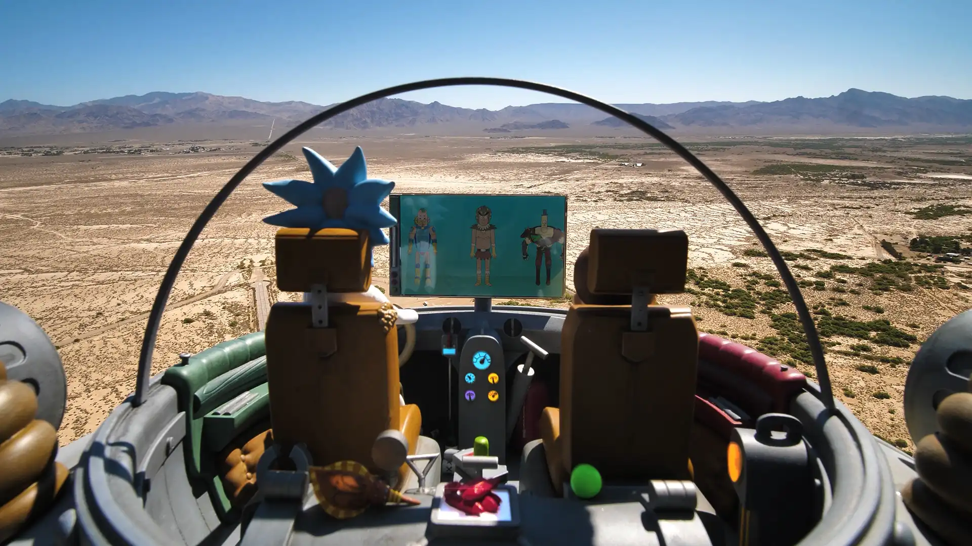Rick and Morty flying through the Nevada Desert in the Space Cruiser during the Season 5 premiere