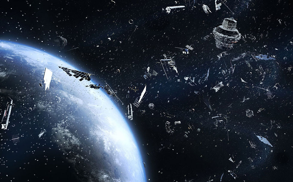 Space junk from a disintergrated satelite floating through space above Earth