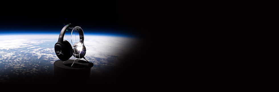 HyperX headphones sitting on a plinth in space with Earth in the backdrop.