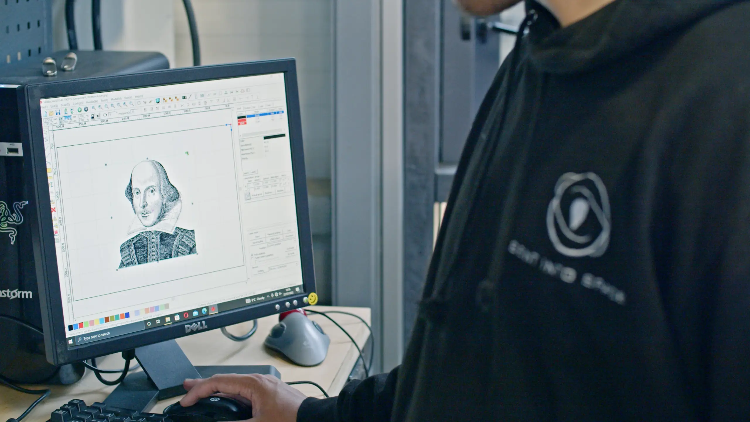 Sent Into Space team member designing the laser engraved Folio400 Shakespeare portrait using software on a computer screen