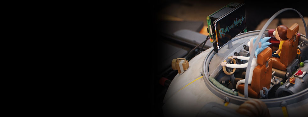 Prop of Rick and Morty spacecraft with screen and mini figures.