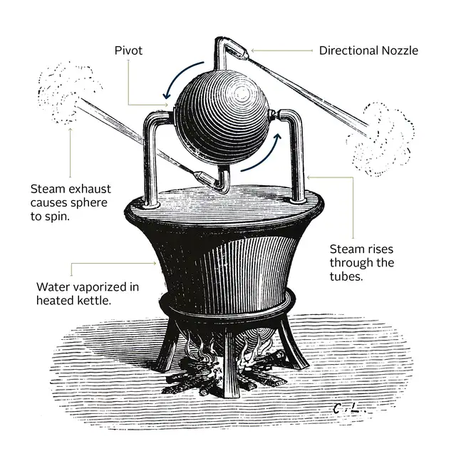 Diagram and illustration of a steam turbine.