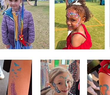 Example of hair accessory, face painting and glitter tattoo