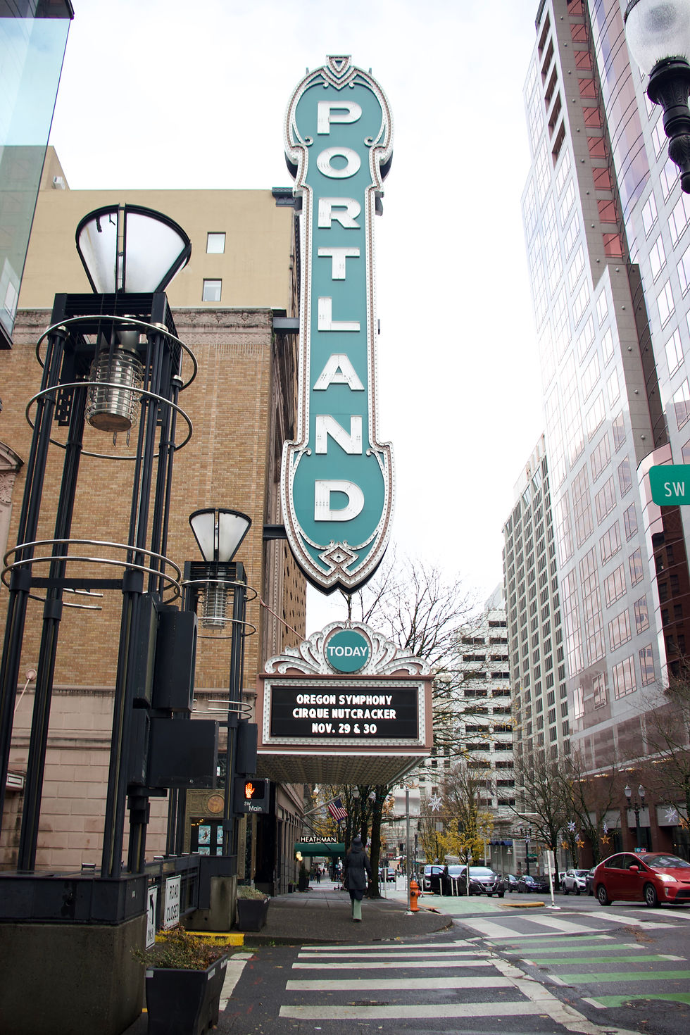 Historic Portland marquee sign at the Arlene Schnitzer Concert Hall in downtown Portland, Oregon.