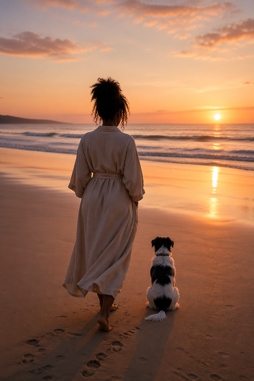 Black woman standing on the beach at sunrise with a small black-and-white dog, facing the horizon and symbolizing healing, trust, and emotional freedom.