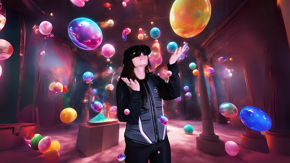 A person wearing a VR headset interacts with a vibrant virtual environment filled with floating, colorful bubbles inside a hall with glowing lights and ancient pillars. The scene blends fantasy and technology, creating an immersive digital experience.