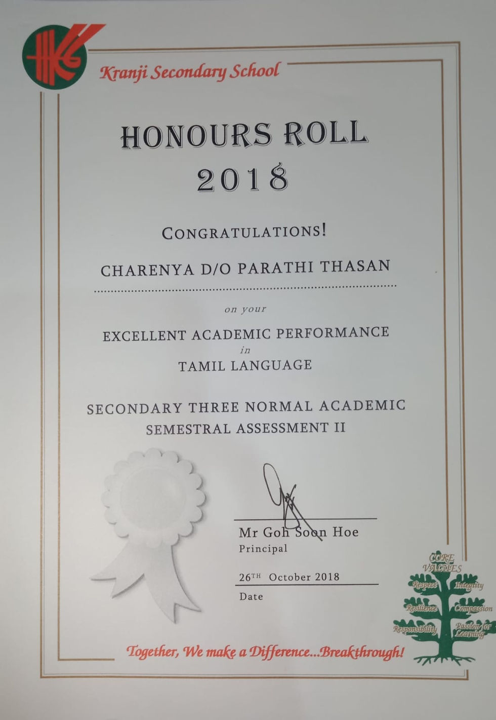 Honours Roll in Tamil (Semester 2) 2018