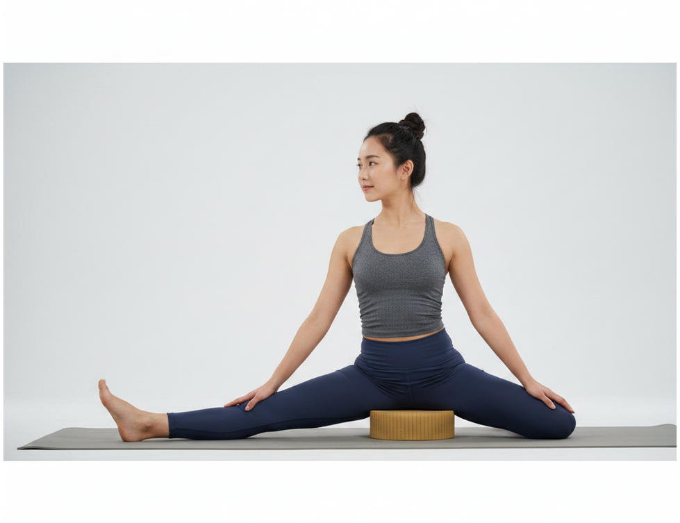 the model on the right is a yoga foam block with a chamfer indent. Show a user using the foam block with the flat side down to stretch their split-0