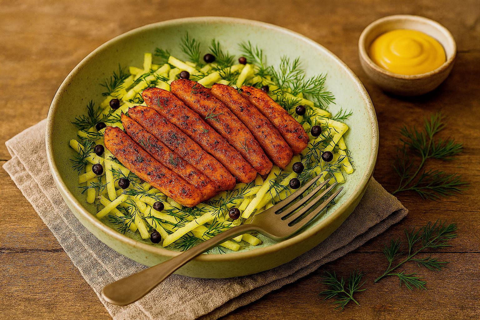 Fusion-Putenstreifen auf Apfel-Sellerie-Slaw mit Senf, Dill & Wacholder | Gluten