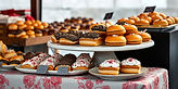 exquisite French pastries  stall on a beautiful table at a market with a concrete backgrou