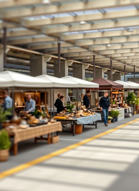 can you create a blurry image of a day market with gazebo's and artesian goods on tables,