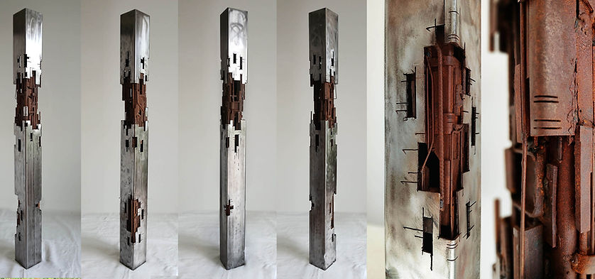 Sculpture en acier de récupération alliant taille, énergie et textures riches en émotion.