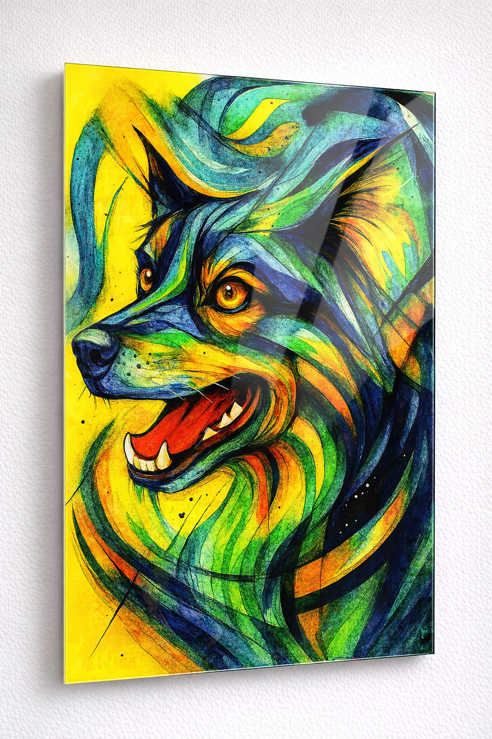Abstrakte, farbintensive Hundekopf Illustration mit dynamischen Formen im Hochformat