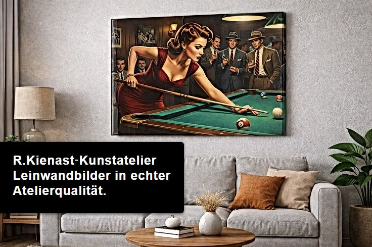 Miniaturbild: Frau im roten Kleid spielt Billard, umgeben von Männern im Retro Stil in einem holzvertäfelten Raum – Vintage Wandbild.