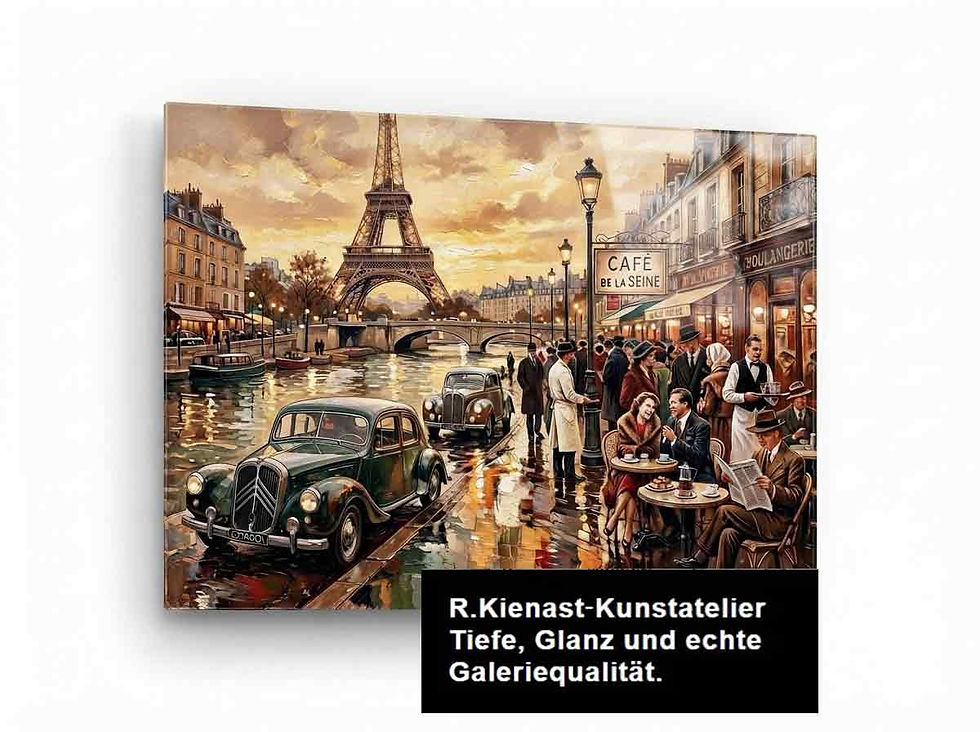 Miniaturbild: Pariser Straßenszene mit Eiffelturm, Café und Oldtimern im Abendlicht