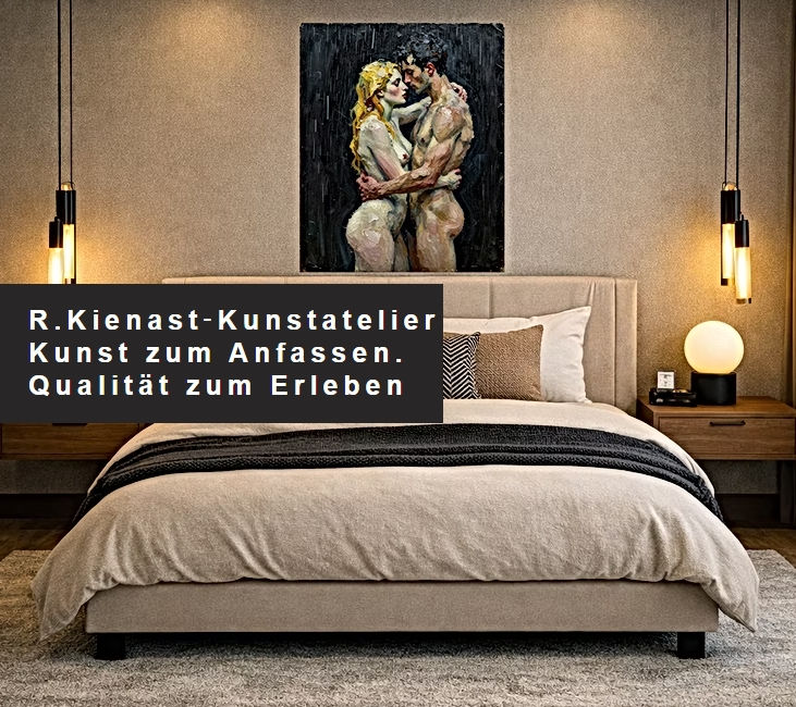 Miniaturbild: Expressive Illustration zweier eng umschlungener Personen im warmen Licht im Hochformat