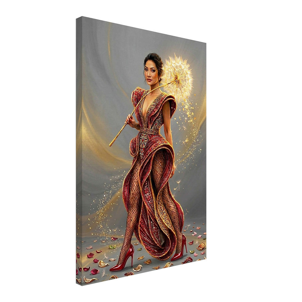 Goldene Frau in rotem Kleid mit leuchtendem Löwenzahnstab – modernes Fantasy Porträt voller Glanz und Bewegung.